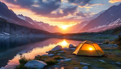 Wall Mural - Serene lakeside camping at sunset with stunning mountain views