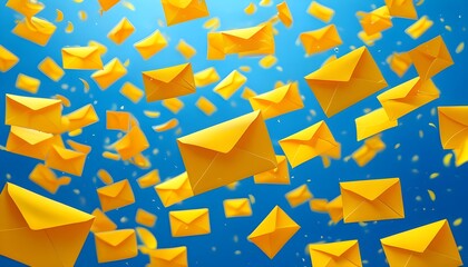 Wall Mural - Whimsical scene of floating yellow envelopes against a blue sky, symbolizing communication and connectivity in a creative atmosphere