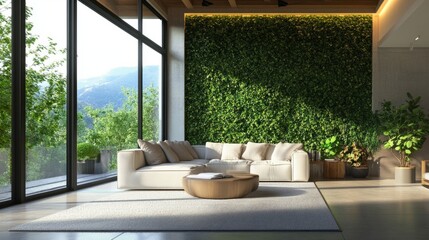 Modern living room with a vertical green wall, sleek furniture, large windows, and natural lighting. Minimalist decor