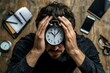 © Sasint - A person holding a clock in one hand and a phone in the other, with tired eyes and a cluttered workspace, highlighting the key symptoms of being a workaholic.