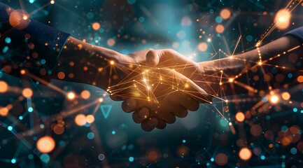 Poster - Two hands shaking, digital connections forming between them; a background with abstract tech patterns and glowing light elements representing the network of business ventures