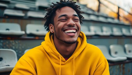 Wall Mural - Joyful young man in vibrant yellow hoodie laughs heartily on metal bleachers, embodying a carefree spirit and relaxed vibe.