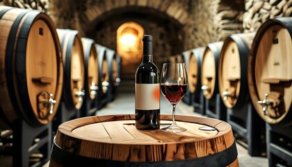 Wall Mural - Elegant wine barrel nestled within a rustic wine cellar, embodying the art of wine tasting and the timeless tradition of winemaking