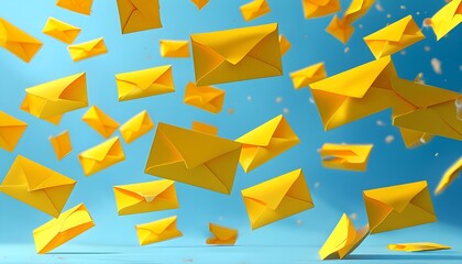 Poster - Whimsical yellow envelopes suspended in mid-air against a light blue sky, evoking a surreal and cinematic atmosphere