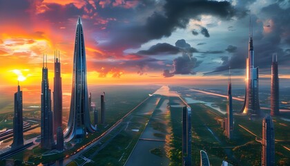 Wall Mural - Futuristic skyline featuring stunning panoramic views of vibrant skyscrapers