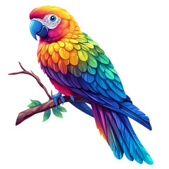 A tropical parrot, perched on a branch, stylized cartoon, vibrant rainbow colors, isolated on white background. 