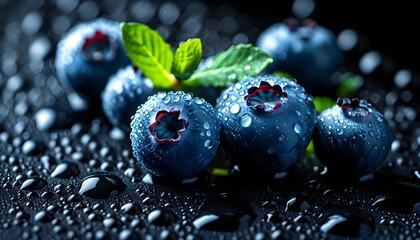 Wall Mural - Juicy blueberries adorned with glistening water droplets against a dark backdrop