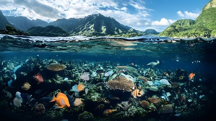 Underwater View of a Tropical Reef with Lush Green Mountains in the Background