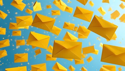 Poster - Whimsical yellow envelopes suspended in mid-air against a light blue sky, evoking a surreal and cinematic atmosphere