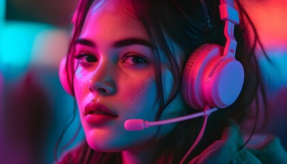 Sticker - Enchanting portrait of a young woman wearing headphones illuminated by vibrant neon lights