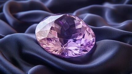 Large purple gemstone on a silky, luxurious, smooth purple fabric.