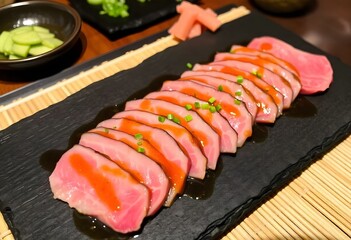 A traditional Japanese dish of beef tataki create with ai