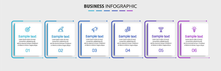 Business vector infographic design template with icons and 6 options or steps. Can be used for process diagram, presentations, workflow layout, banner, flow chart, info graph