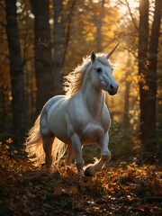 Wall Mural - A white unicorn with a golden mane runs in an autumn forest, lit by soft glow.