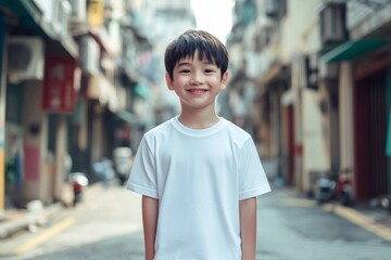 Wall Mural - close-up photo of happy asian child boy wearing white, blank t-shirt mockup against street background 