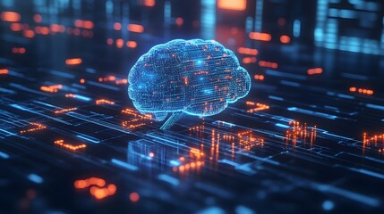 Poster - Digital Brain Hovering Over a Circuit Board