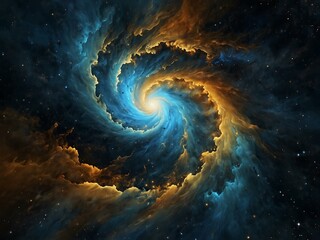 Abstract blue and gold swirling nebula.