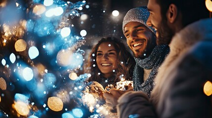 Friends celebrating by a blue and silver Christmas tree, with sparkling lights and snowflakes softly falling outside.