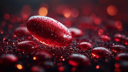 Canvas Print - Glowing Red Drops on Dark Surface with Water Reflections