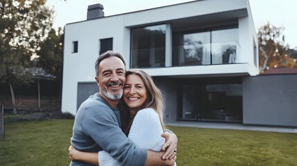 A happy middle-aged couple smiles in front of their new home.