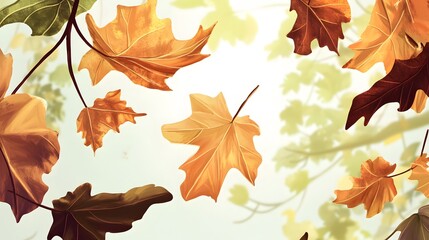 Wall Mural - Autumn leaves falling from a tree, with soft light filtering through the branches.