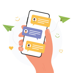 Poster - phone messages Cell phone with short messages, icons and emoticons. Communicate with friends and send new messages. Colorful speech bubbles on smartphone screen flat design vector illustration