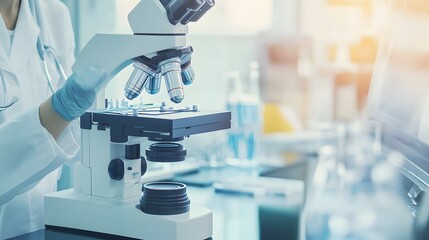 Wall Mural - a scientist adjusts a microscope in a laboratory setting.