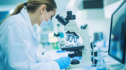 Wall Mural - woman in a lab coat examines a slide under a microscope.