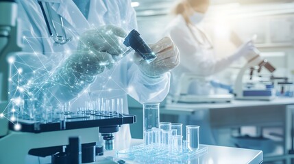 Wall Mural - a scientist in a lab coat carefully handles a microscope slide.