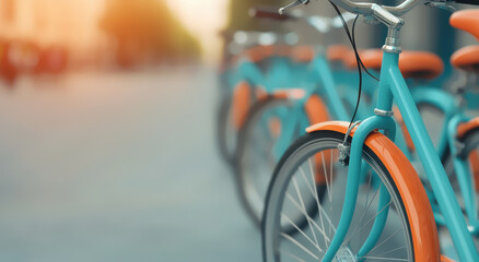 Colorful row of bicycles parked on a city street, ideal for urban transportation themes and lifestyle imagery.