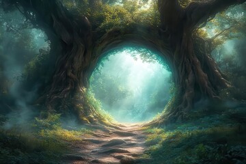 Wall Mural - enchanted emerald portal nestled in misty forest glade swirling with ethereal light ancient tree roots frame magical gateway to fantastical realm beyond