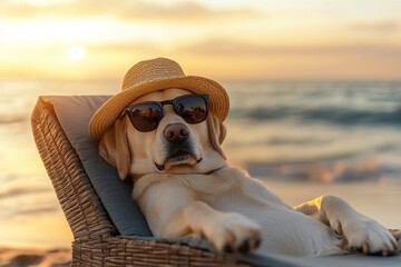 Poster - Beautiful labrador dog lying on chaise lounge on beach sand