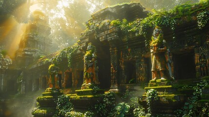 Wall Mural - Ancient overgrown ruin with vines climbing over mossy stone statues bathed in golden sunlight filtering through the trees