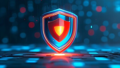 Wall Mural - Futuristic cybersecurity design showcasing a glowing shield icon against a dynamic blue and red backdrop, symbolizing robust data protection and safety.