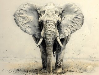 Wall Mural - Elephant drawing with textured skin large ears and a raised trunk standing majestically in a savanna setting