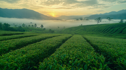 Serene Sunrise Over Lush Tea Plantation: A breathtaking panorama of rolling green tea fields bathed in the warm glow of sunrise, with mist clinging to the distant mountains. The scene evokes a sense o