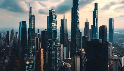 Wall Mural - Vibrant city skyline featuring towering skyscrapers against a clear blue sky