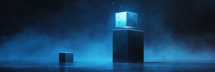 Poster - A pixel art image of a glowing blue square atop a rectangle with a smaller square in the foreground, all set against a background of a foggy night sky with a few stars. This image symbolizes simplicit