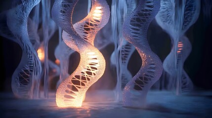 Glowing DNA Structures in a Dark, Abstract Environment