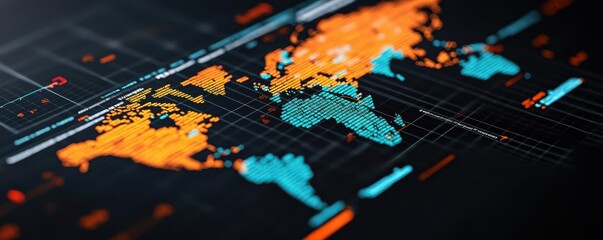 A vibrant digital world map with orange and blue accents, showcasing global connections and data visualization concepts.