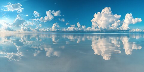 Peaceful blue sky with puffy clouds reflected in calm water.