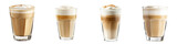 set of Extreme view of vanilla latte in a fancy glass, fancy glass, vanilla latte in a fancy glass, vanilla latte, vanilla latte in a glass, royal glass of vanilla latte, on a transparent backgrounds