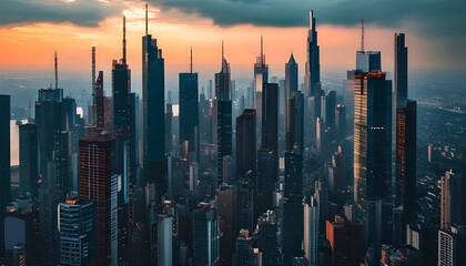 Vibrant city skyline featuring towering skyscrapers against a clear blue sky