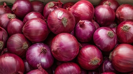 Aromatic ripe red onions heap