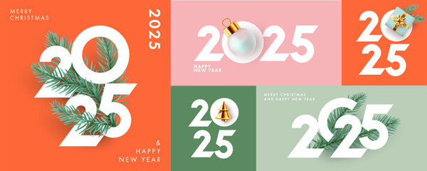 Aufkleber - Creative concept of 2025 Happy New Year card, poster set. Minimalist trendy geometric design templates with typography logo 2025 for celebration and season decoration, branding, banner, cover, ads