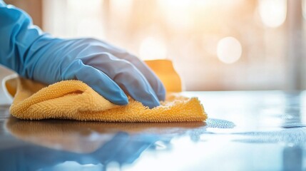 Poster - close-up of hand in blue glove cleaning a table with a yellow cloth inside