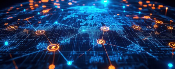 Poster - Futuristic digital network illustration showcasing global connectivity with glowing nodes and lines over a world map.
