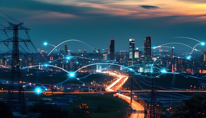 Wall Mural - Illuminated night cityscape showcasing smart technology networks, power lines, and modern urban infrastructure highlighting connectivity and innovation.