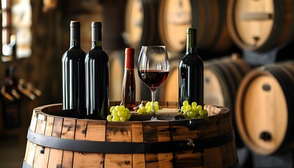 Canvas Print - Elegant wine cellar with wineglass and barrel focused on exquisite wine tasting and winemaking experience