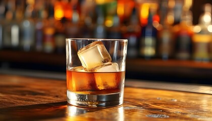 Wall Mural - Whiskey on the Rocks in a Cozy Pub Setting with Rustic Wooden Table